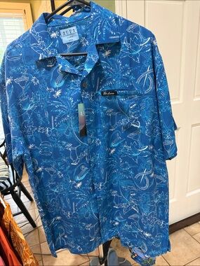Aura Blue Tropical Print Casual Button-Down Shirt